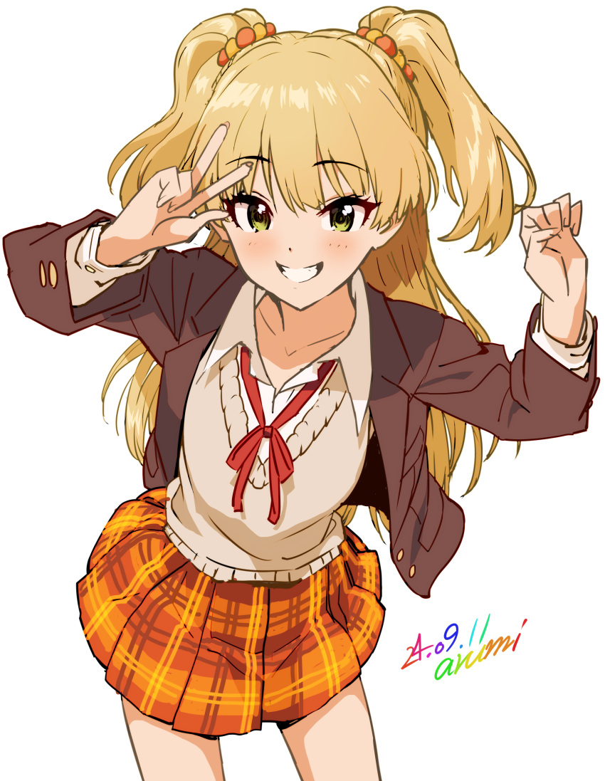 1girl, baba_arumi, blonde_hair, blush, brown_jacket, brown_vest, collarbone, collared_shirt