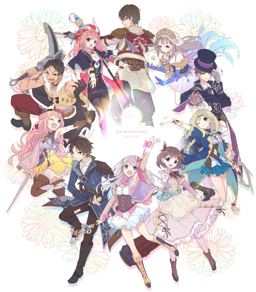 4boys, 6+girls, anniversary, arm_up, armor, atelier_(series), atelier_lulua, black_dress