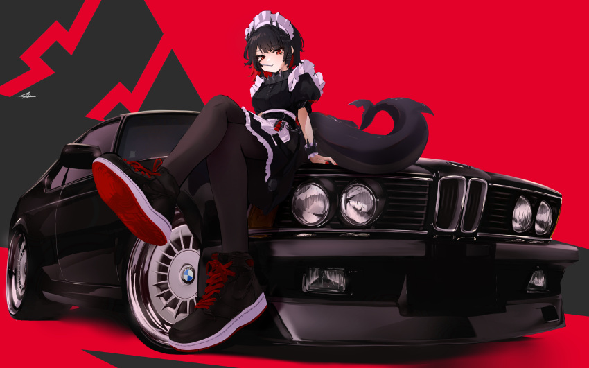1girl, absurdres, black_car, black_hair, bmw, bmw_6_series, bmw_e24, car