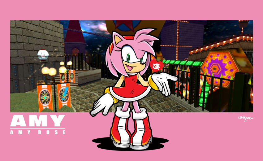 1girl, amy_rose, blowing_kiss, boots, bracelet, castle, dress, eyelashes