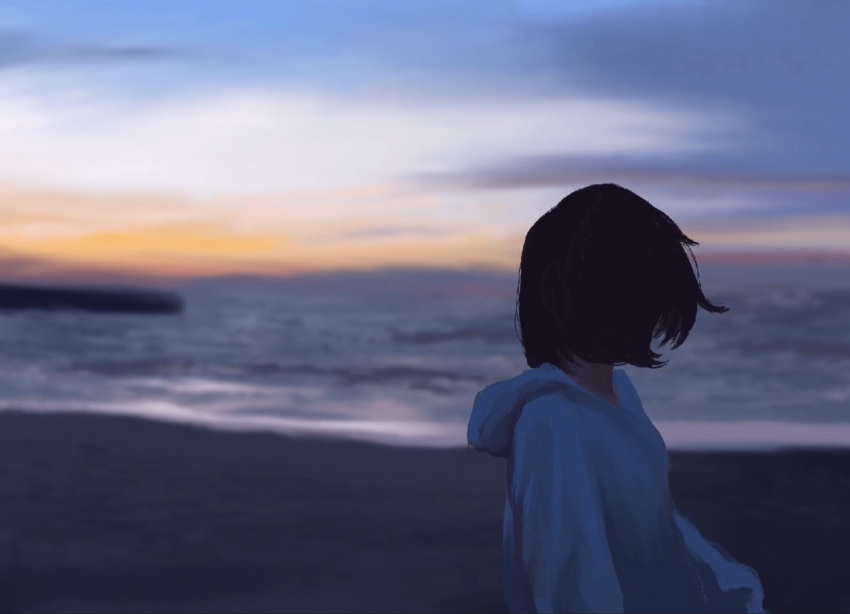 1girl, beach, black_hair, blue_sky, clouds, cloudy_sky, commentary, evening, hood, hoodie, horizon, looking_back, meanstreet, orange_theme, original, procreate_(medium), scenery, shadow, shore, short_hair, sky, sky_focus, solo, sunset, water, white_hoodie