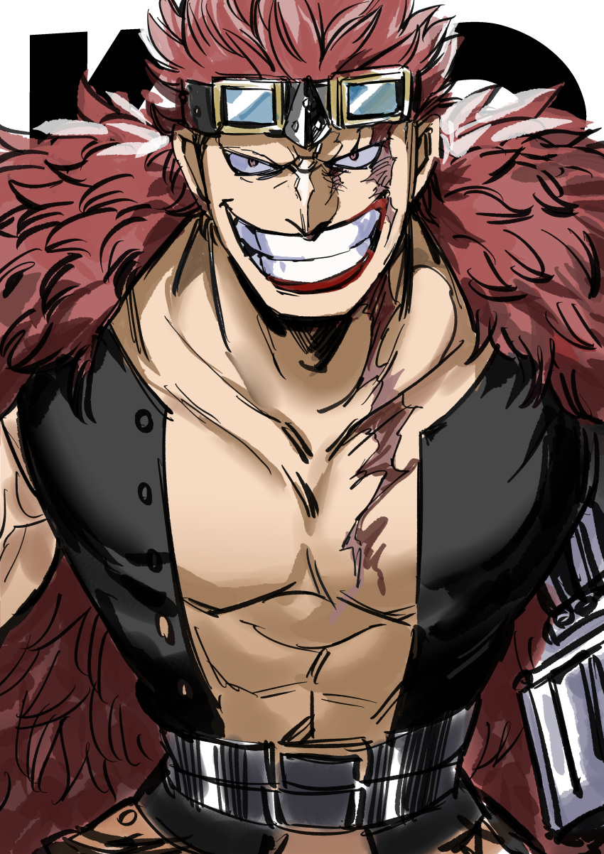 1boy, absurdres, clenched_teeth, coat, commentary_request, eustass_kid, fur_coat, goggles