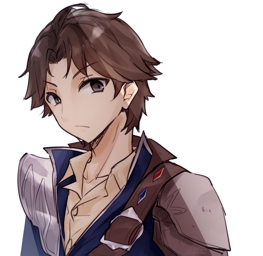 1boy, armor, atelier_(series), atelier_lulua, black_eyes, blue_jacket, brown_hair, brown_shirt