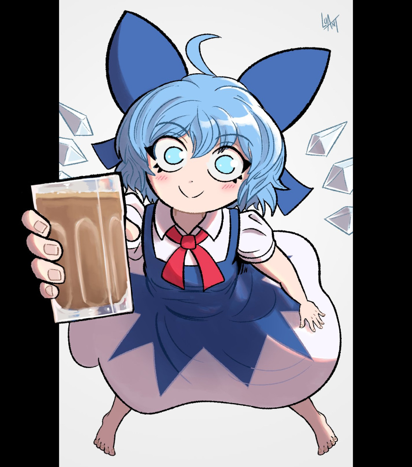 1girl, ahoge, barefoot, blue_bow, blue_dress, blue_eyes, blue_hair, bow
