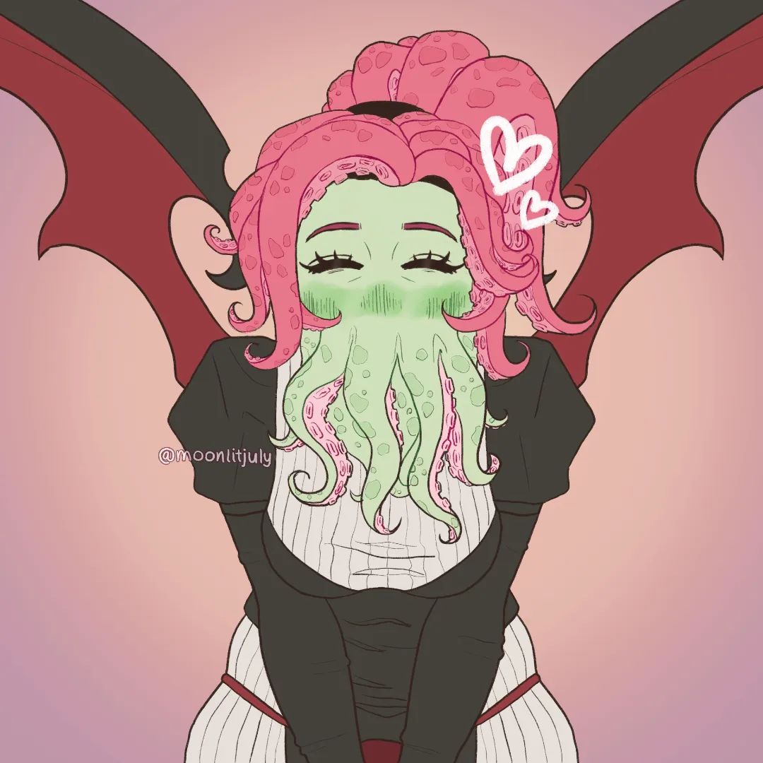 1girl, angry, breasts, closed_eyes, cthulhu_mythos, dress, ln'eta, long_hair, moonlitjuly, mouth_with_tentacles, pink_eyes, pink_hair, shaded_face, solo, sucker_for_love, yandere