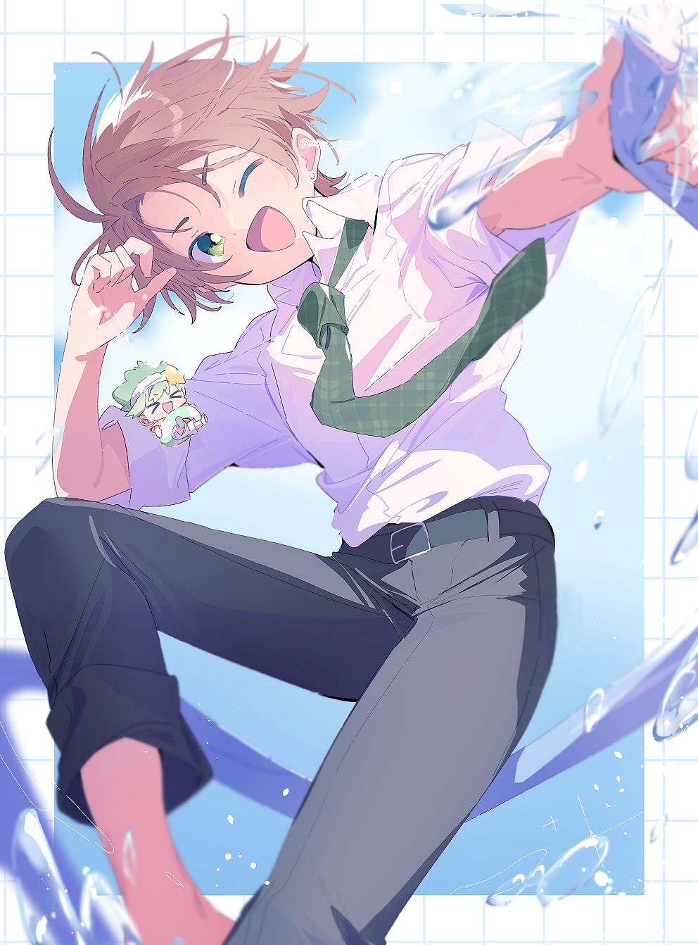 >_<, 2boys, barefoot, belt, black_belt, black_pants, blue_sky, border