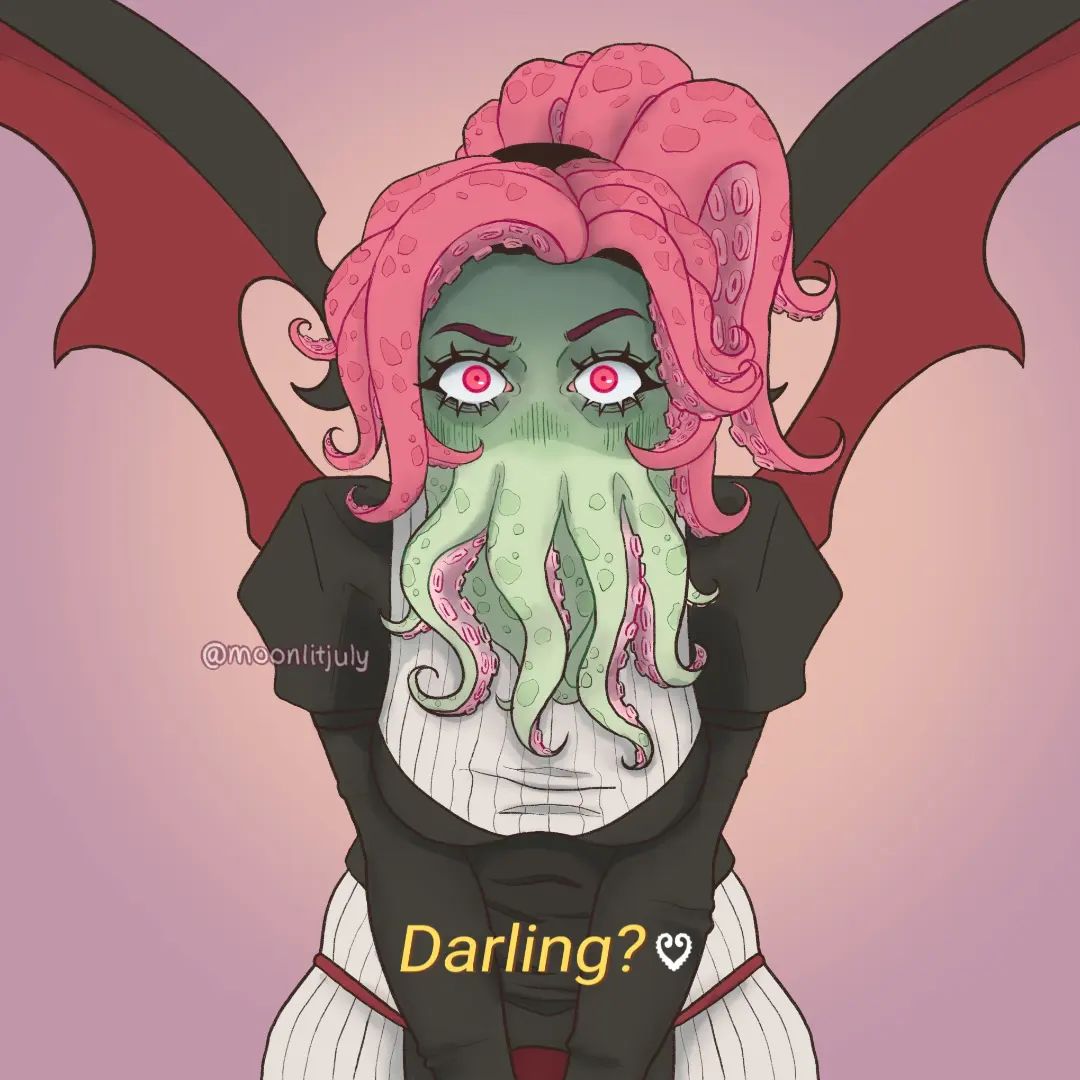 1girl, angry, breasts, cthulhu_mythos, dress, ln'eta, long_hair, looking_at_viewer