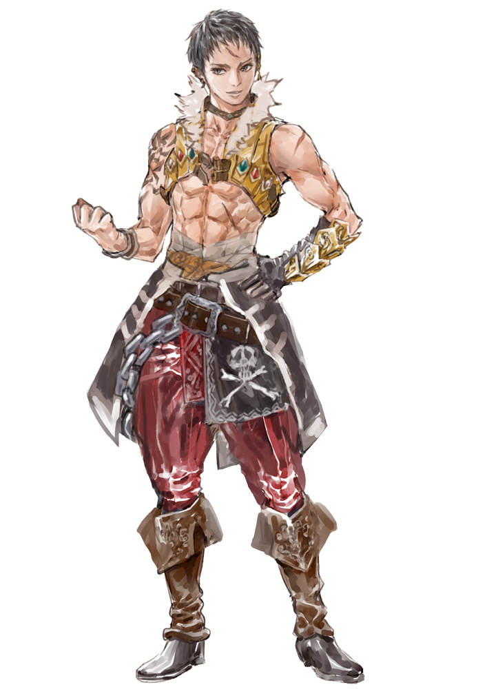 1boy, abs, atelier_(series), atelier_lulua, bandages, belt, black_eyes, black_gloves