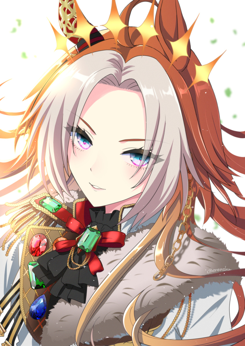 1girl, ahoge, aiguillette, animal_ears, ascot, black_ascot, blue_eyes, blue_gemstone, brown_hair, close-up, ear_covers, erenshu, eyelashes, fur_trim, gem, green_gemstone, grey_hair, highres, horse_ears, horse_girl, long_hair, multicolored_hair, orfevre_(umamusume), parted_lips, red_gemstone, single_ear_cover, solo, twitter_username, umamusume