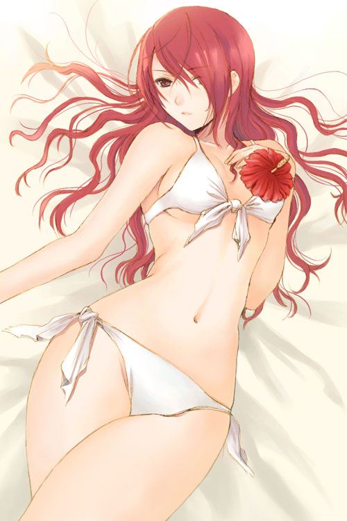 bikini, flower, hijiri_ruka, kirijou_mitsuru, long_hair, persona, persona_3, red_eyes