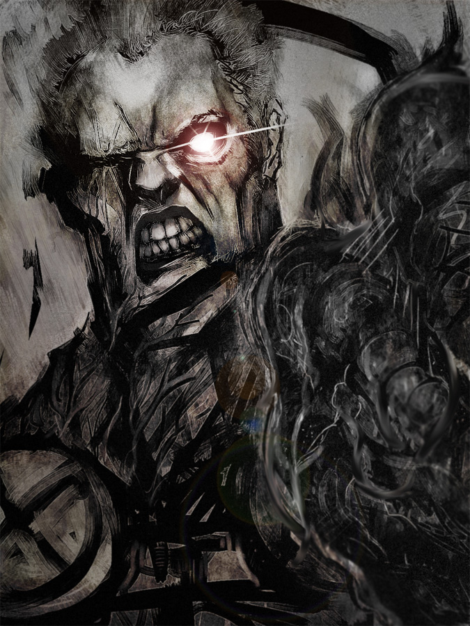 1boy, armor, cable_(marvel), clenched_teeth, cong1991, frown, glowing, glowing_eye