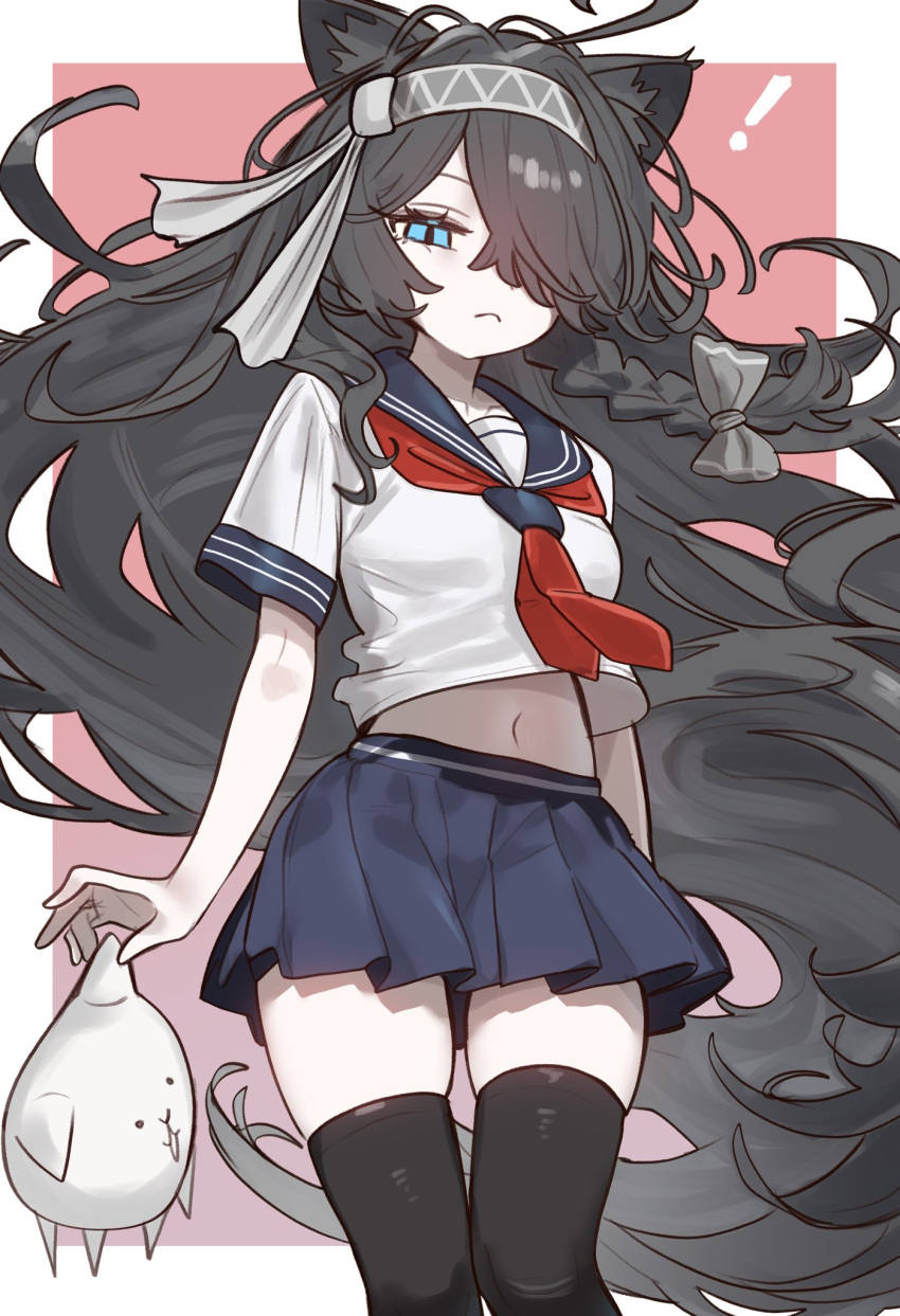 !, 1girl, animal_ears, black_hair, blue_eyes, cat_ears, ebora, hair_ribbon