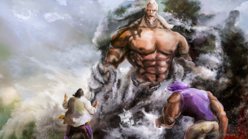 3boys, abs, arm_tattoo, attack, beard, black_hair, commentary, darkness, delta_(naval_flag), english_commentary, facial_hair, giant, highres, jesus_burgess, kong_(one_piece), long_hair, marshall_d._teach, multiple_boys, muscular, muscular_male, no_pupils, ocean, one_piece, pectorals, pirate, purple_hair, purple_vest, riopapa, ship, shirt, shoulder_tattoo, smoke, tattoo, topless_male, vest, water, watercraft, white_hair, white_shirt
