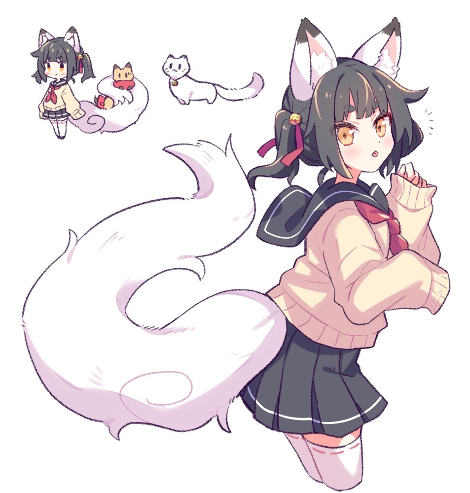 1girl, :p, animal_ear_fluff, animal_ears, bell, black_hair, black_sailor_collar, black_skirt
