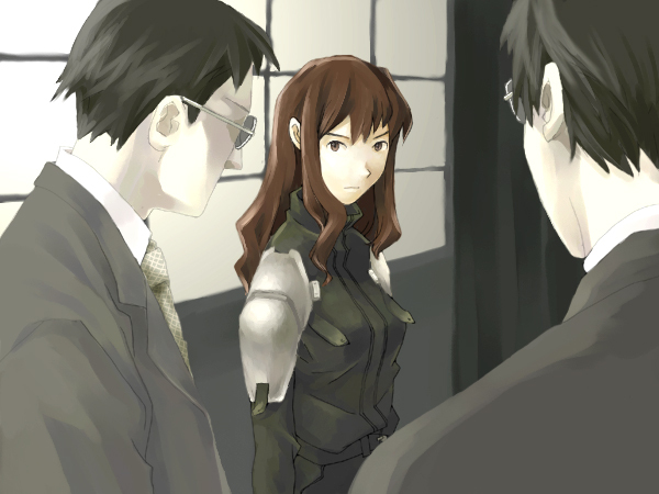 belt, boogiepop, brown_eyes, brown_hair, kirima_nagi, necktie, nyam, shoulder_pads