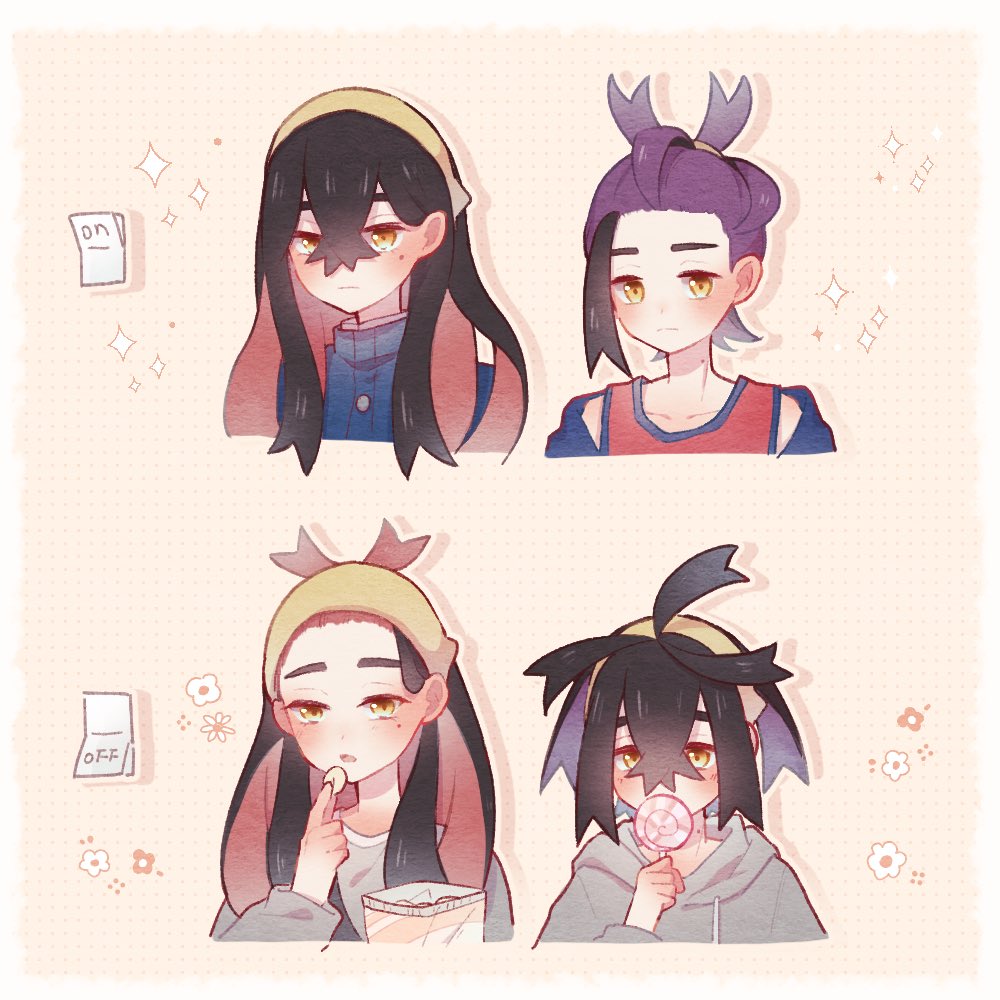 1boy, 1girl, bangs_pinned_back, black_hair, blue_jacket, blush, brother_and_sister, candy