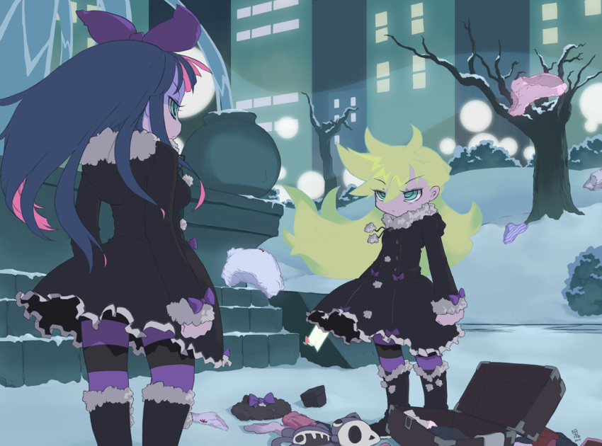 back_lace, blonde_hair, blue_eyes, boots, bow, coat, fur, fur_coat, gun, hair_bow, long_hair, multicolored_hair, multiple_girls, official_style, panties, panty_&amp;_stocking_with_garterbelt, panty_(character), panty_(psg), pantyhose, purple_legwear, stocking_(character), stocking_(psg), striped, striped_legwear, striped_pantyhose, stuffed_animal, stuffed_toy, suitcase, thighhighs, two-tone_hair, underwear, visark, weapon