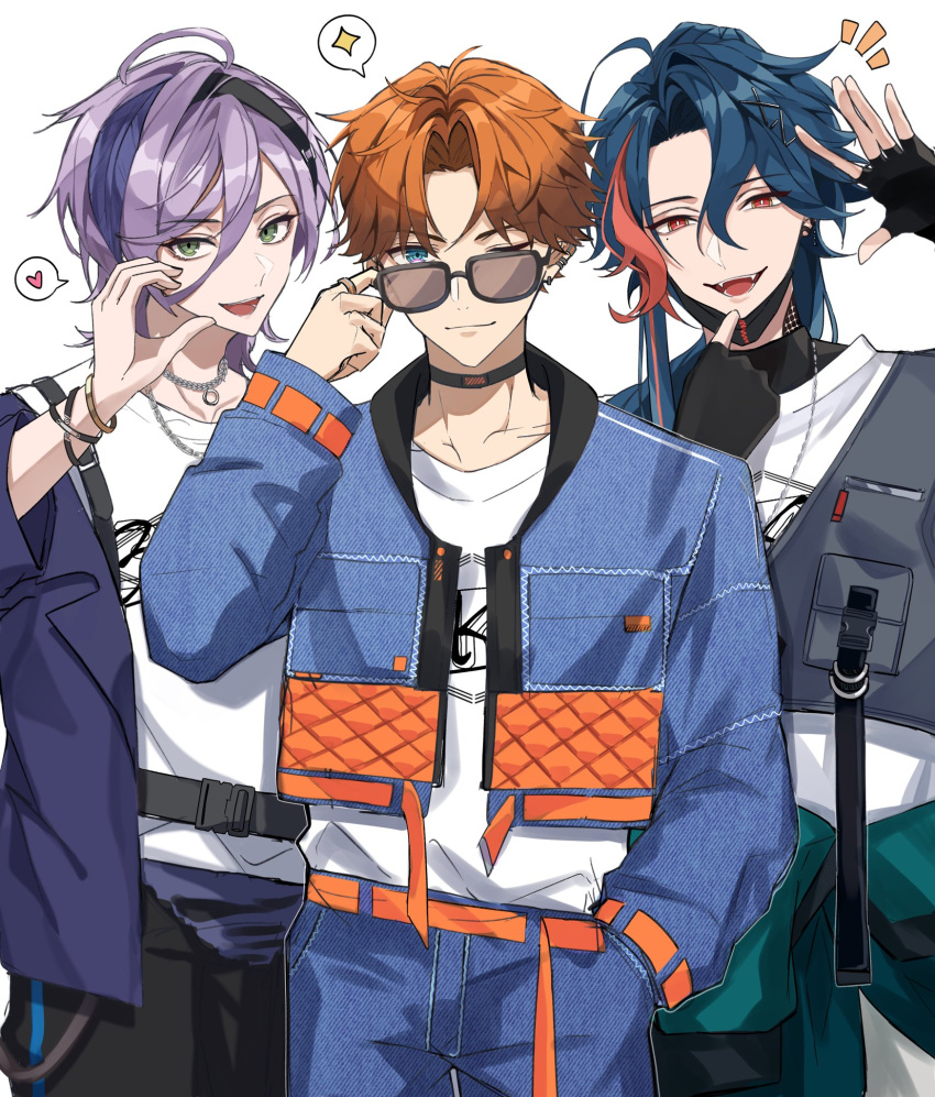 3boys, 3skm_(nijisanji), :d, adjusting_eyewear, ahoge, bangle, belt, black_belt