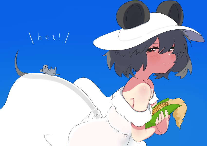 1girl, animal, animal_ears, bare_shoulders, blue_background, brown_eyes, commentary, corn