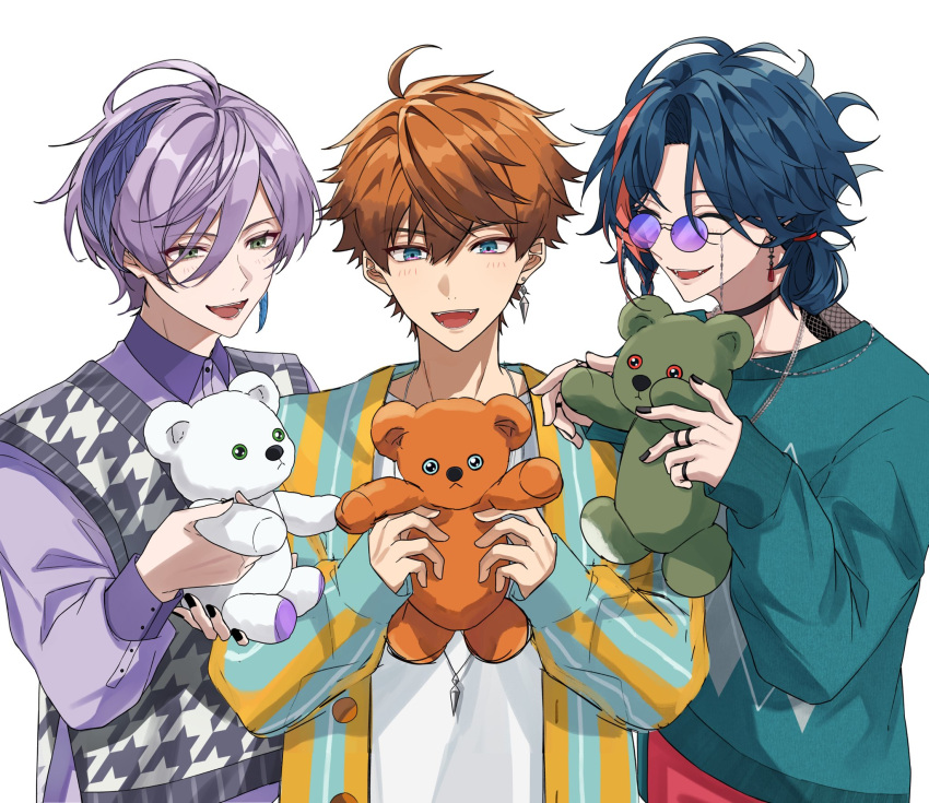 3boys, 3skm_(nijisanji), :d, ^_^, ahoge, aqua_shirt, aqua_sweater, argyle_clothes