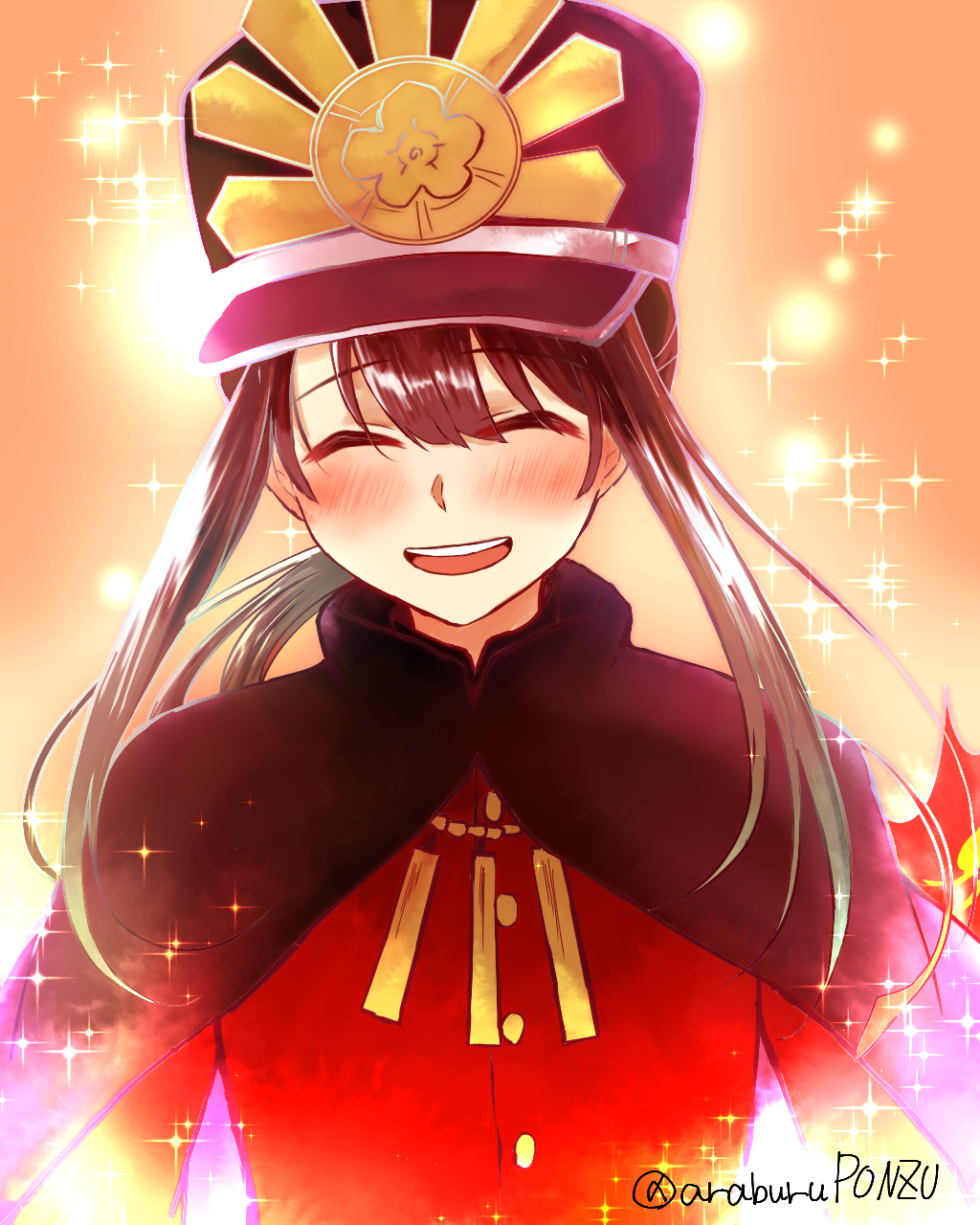 1boy, :d, black_cape, black_hat, blush, cape, center-flap_bangs, chain