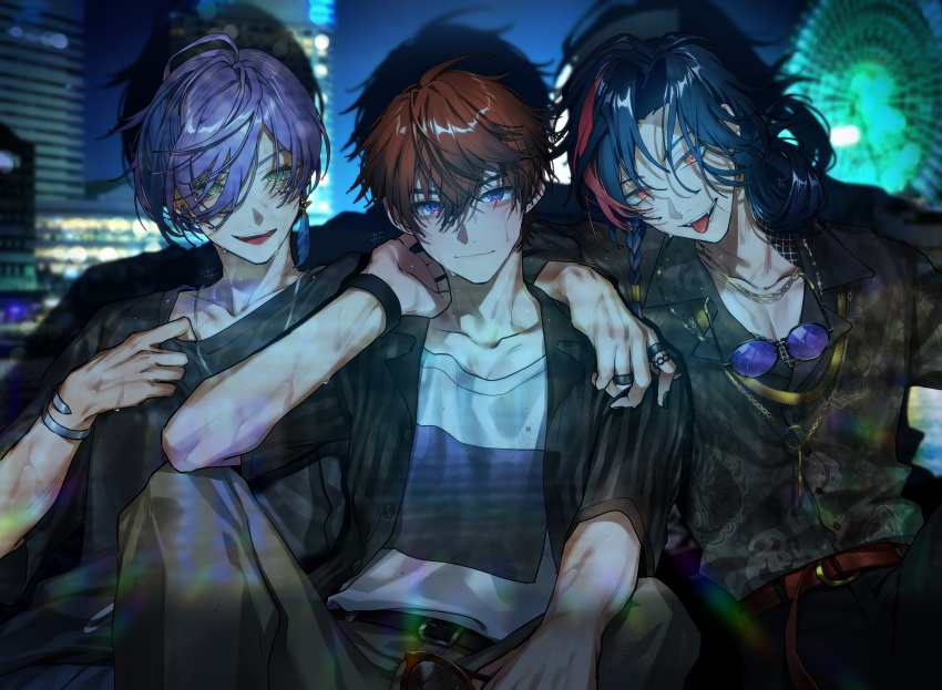 3boys, 3skm_(nijisanji), absurdres, ahoge, arm_on_another's_shoulder, belt, belt_buckle, black_belt, black_nails, black_pants, black_shirt, black_wristband, blue_eyes, blue_hair, blurry, blurry_background, bokeh, bracelet, braid, brown_pants, buckle, buttons, chain, chain_necklace, collarbone, collared_shirt, commentary_request, crossed_bangs, depth_of_field, earrings, eyewear_around_neck, fangs, feather_earrings, feather_hair_ornament, feathers, fingernails, floral_print, glasses, gold_chain, gold_necklace, green_eyes, hair_between_eyes, hair_ornament, hakobune_noark, hand_up, highres, jewelry, kaisei_(nijisanji), kitami_yusei, knees_up, long_hair, looking_at_viewer, multicolored_eyes, multicolored_hair, multiple_boys, multiple_rings, nail_polish, necklace, nijisanji, open_clothes, open_mouth, open_shirt, orange_hair, pants, parted_bangs, pink_eyes, print_shirt, purple-tinted_eyewear, purple_hair, red_belt, red_eyes, redhead, ring, round_eyewear, sakaki_ness, shadow, shirt, shirt_tucked_in, short_hair, short_sleeves, side_braid, single_braid, single_earring, sitting, smile, streaked_hair, striped_clothes, striped_shirt, swept_bangs, t-shirt, teeth, tinted_eyewear, tongue, tongue_out, upper_teeth_only, v-shaped_eyebrows, vertical-striped_clothes, vertical-striped_shirt, virtual_youtuber, wet, wet_hair, white_shirt, wristband