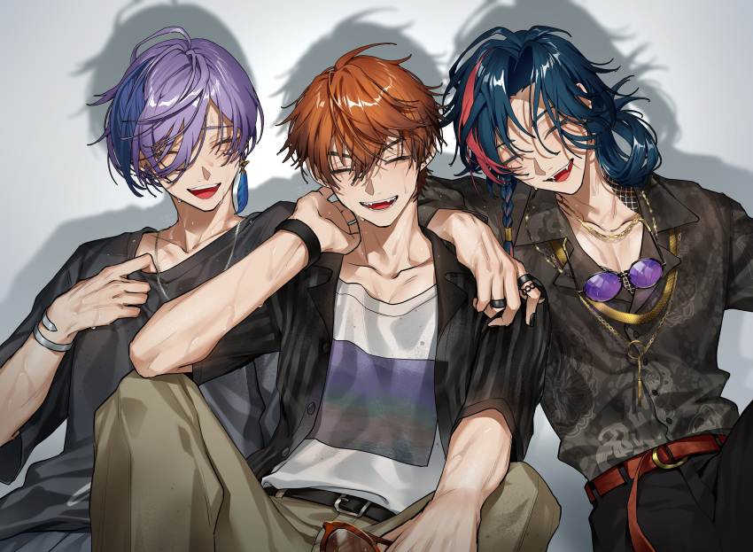 3boys, 3skm_(nijisanji), ^_^, absurdres, ahoge, arm_on_another's_shoulder, belt, belt_buckle