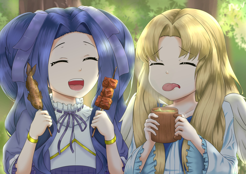 2girls, :d, ^_^, blonde_hair, blue_bow, blue_bowtie, blue_dress, bow, bowtie, burnt_tongue, closed_eyes, collar, collarbone, commentary, cup, dress, english_commentary, feathered_wings, filo_(tate_no_yuusha_no_nariagari), fish_(food), food, forest, frilled_collar, frilled_sleeves, frills, grilled_fish, hair_ribbon, highres, holding, holding_cup, holding_food, holding_skewer, long_hair, long_sleeves, melty_q_melromarc, multiple_girls, nature, nev_(nevblindarts), open_mouth, outdoors, purple_dress, purple_hair, purple_ribbon, ribbon, ribbon-trimmed_collar, ribbon_trim, skewer, sleeves_past_elbows, smile, steam, tate_no_yuusha_no_nariagari, tea, teeth, tongue, tongue_out, two-tone_dress, upper_body, upper_teeth_only, white_dress, white_wings, wide_sleeves, wings, wooden_cup, wristband, yellow_wristband