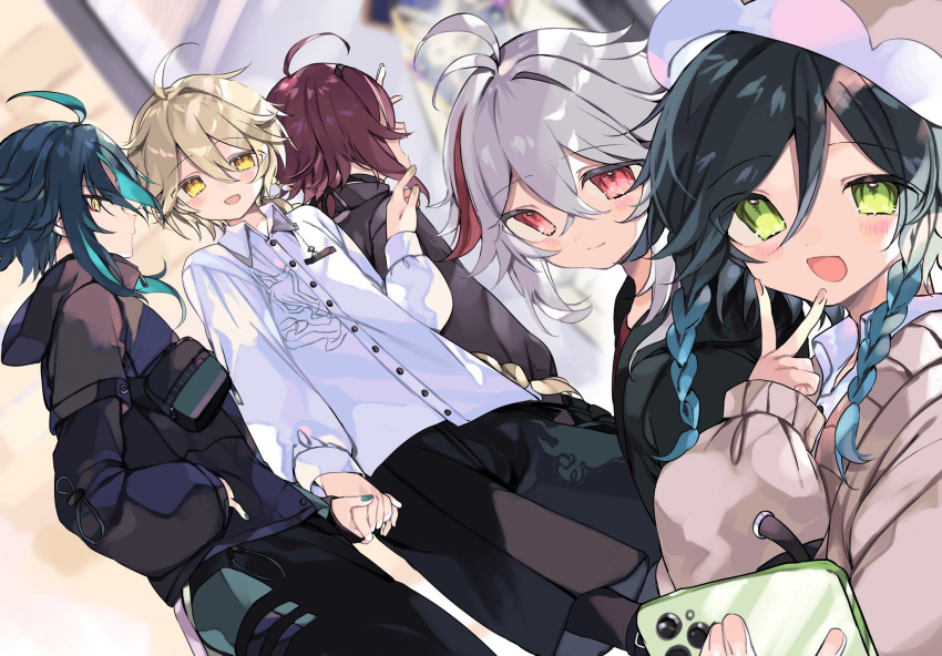 52hz_mayday, 5boys, aether_(genshin_impact), ahoge, alternate_costume, androgynous, antenna_hair, aqua_hair, aqua_nails, back, black_hair, black_hairband, black_jacket, black_pants, black_pantyhose, black_shorts, blonde_hair, blue_hair, blurry, blurry_background, blush, braid, brown_hat, brown_sweater, cellphone, closed_mouth, collared_shirt, crossed_bangs, earrings, eyeshadow, fingernails, genshin_impact, gradient_hair, green_eyes, grey_hair, hair_between_eyes, hairband, hand_in_pocket, hand_up, hat, highres, holding, holding_hands, holding_phone, hood, hooded_jacket, jacket, jewelry, kaedehara_kazuha, long_hair, long_sleeves, looking_at_another, looking_at_viewer, makeup, male_focus, multicolored_hair, multiple_boys, nail_polish, open_mouth, pants, pantyhose, phone, pink_nails, pocket, pointing, puffy_long_sleeves, puffy_sleeves, purple_hair, red_eyes, red_eyeshadow, redhead, shikanoin_heizou, shirt, short_hair, shorts, sidelocks, single_earring, sitting, smartphone, smile, standing, streaked_hair, sweater, twin_braids, two-tone_hair, v, venti_(genshin_impact), white_shirt, xiao_(genshin_impact), yellow_eyes, yellow_nails