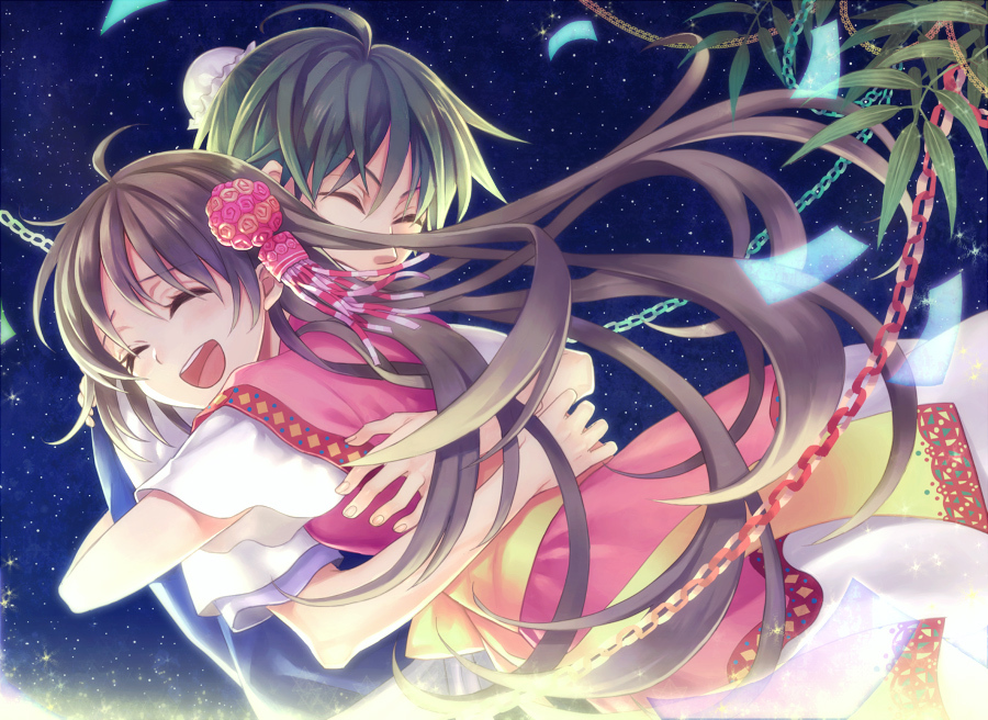 green_hair, hikoboshi, hug, long_hair, original, orihime, short_hair, star