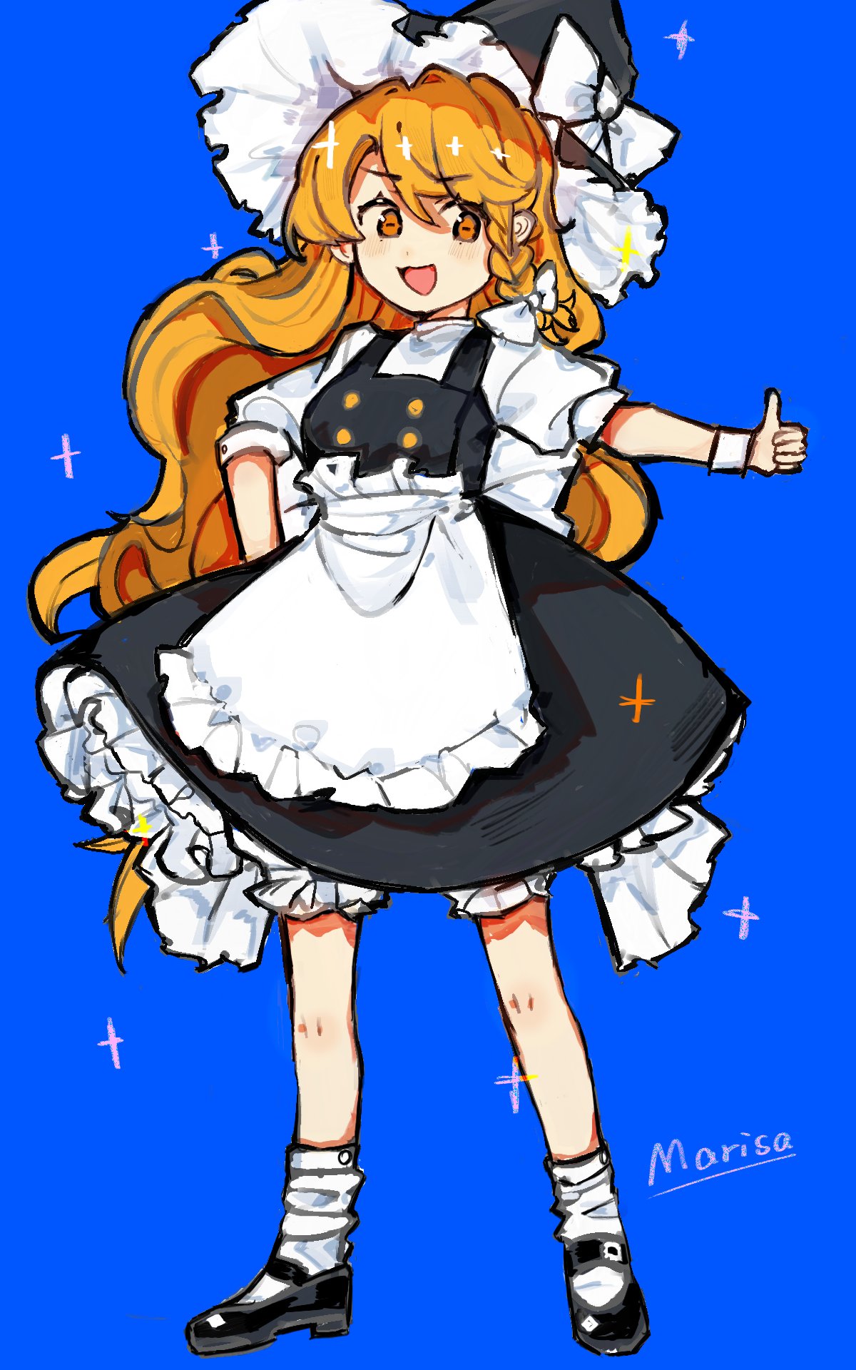1girl, akasasachii, apron, black_dress, black_footwear, black_hat, blonde_hair, bow, braid, dress, frilled_dress, frills, full_body, hair_bow, hat, highres, kirisame_marisa, long_hair, mary_janes, open_mouth, puffy_short_sleeves, puffy_sleeves, shirt, shoes, short_sleeves, side_braid, smile, socks, solo, thumbs_up, touhou, white_apron, white_bow, white_shirt, white_socks, witch_hat, yellow_eyes