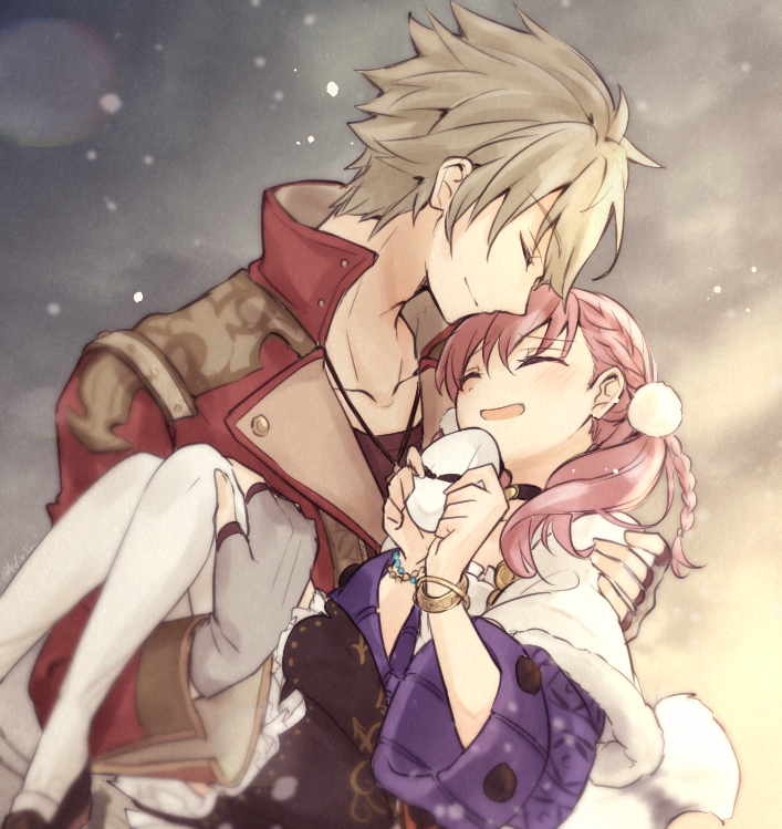 1boy, 1girl, atelier_(series), atelier_escha_&amp;_logy, blush, bracelet, braid, capelet