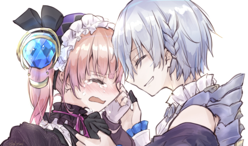 1boy, 1girl, alt_(atelier), atelier_(series), atelier_lydie_&amp;_suelle, black_gloves, blush, braid