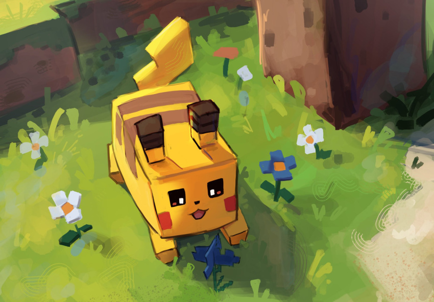 :3, chufflepop, cubism, flower, grass, highres, looking_at_flowers, looking_down