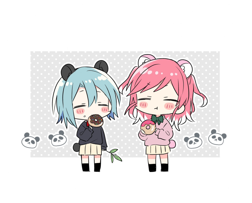 2girls, :t, animal_ears, bamboo, black_sweater, blue_hair, border, bow