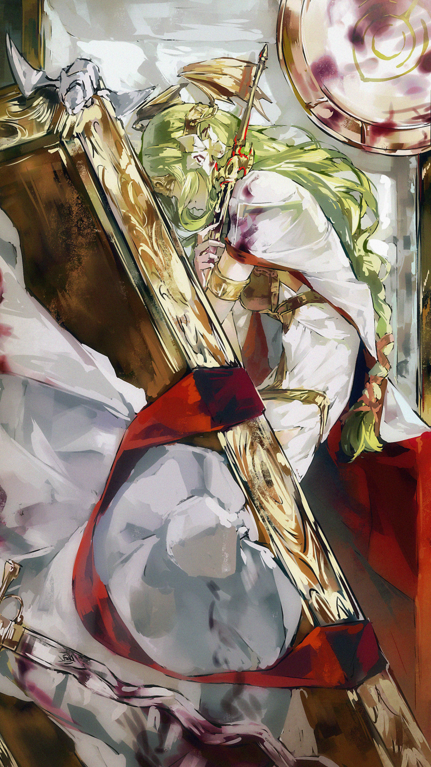 1girl, absurdres, armor, braid, braided_ponytail, breasts, cape, cloth, coffin, dress, fire_emblem, fire_emblem:_three_houses, flower, green_hair, hair_flower, hair_ornament, highres, holding, holding_sword, holding_weapon, hugging_object, lkppp, long_hair, lying, on_side, ribbon, seiros_(fire_emblem), seiros_shield, solo, sword, weapon, white_cape, white_dress, winged_hair_ornament