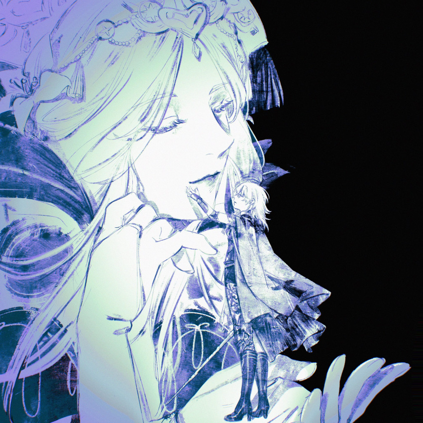 2girls, black_background, boots, bridal_gauntlets, byleth_(female)_(fire_emblem), byleth_(fire_emblem), cape, closed_eyes, fire_emblem, fire_emblem:_three_houses, flower, hair_flower, hair_ornament, hand_on_another's_face, hand_on_own_face, highres, in_palm, long_hair, looking_at_another, machihazure, mini_person, minigirl, multiple_girls, muted_color, pantyhose, patterned_legwear, print_pantyhose, rhea_(fire_emblem), simple_background, smile, standing, tiara, vambraces