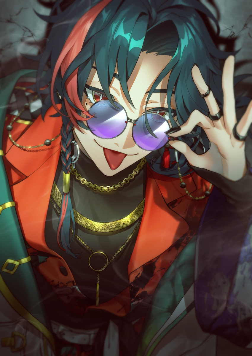 1boy, :p, absurdres, adjusting_eyewear, belt, black_nails, black_shirt, blue_hair, blurry, braid, bright_pupils, chain, chain_necklace, closed_mouth, coat, collared_shirt, commentary_request, crack, cracked_wall, depth_of_field, eyewear_strap, fingernails, from_above, glasses, gold_chain, gold_necklace, hair_between_eyes, hakobune_noark, hand_up, highres, jewelry, kaisei_(1st_costume)_(nijisanji), kaisei_(nijisanji), long_hair, long_sleeves, looking_at_viewer, male_focus, mole, mole_under_eye, multicolored_hair, multiple_rings, nail_polish, necklace, nijisanji, open_clothes, open_coat, open_shirt, parted_bangs, print_shirt, purple-tinted_eyewear, red_eyes, red_shirt, redhead, ring, round_eyewear, shadow, shirt, side_braid, single_braid, sleeves_past_wrists, smile, solo, standing, streaked_hair, tinted_eyewear, tongue, tongue_out, turtleneck, virtual_youtuber, white_belt, white_coat, white_pupils, wide_sleeves