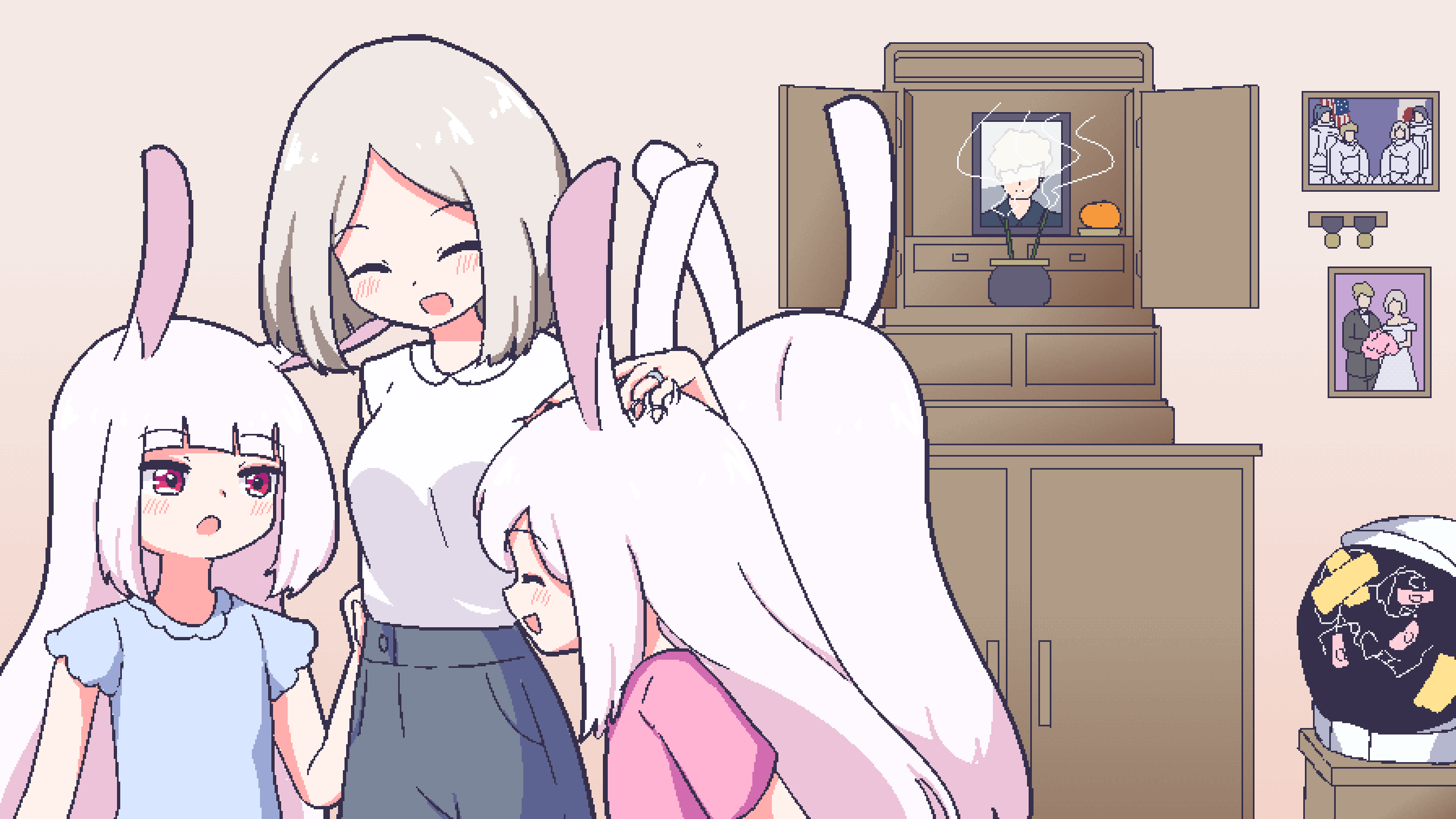 4girls, :d, :o, altar, animal_ears, bandaid, blue_dress, blue_pants