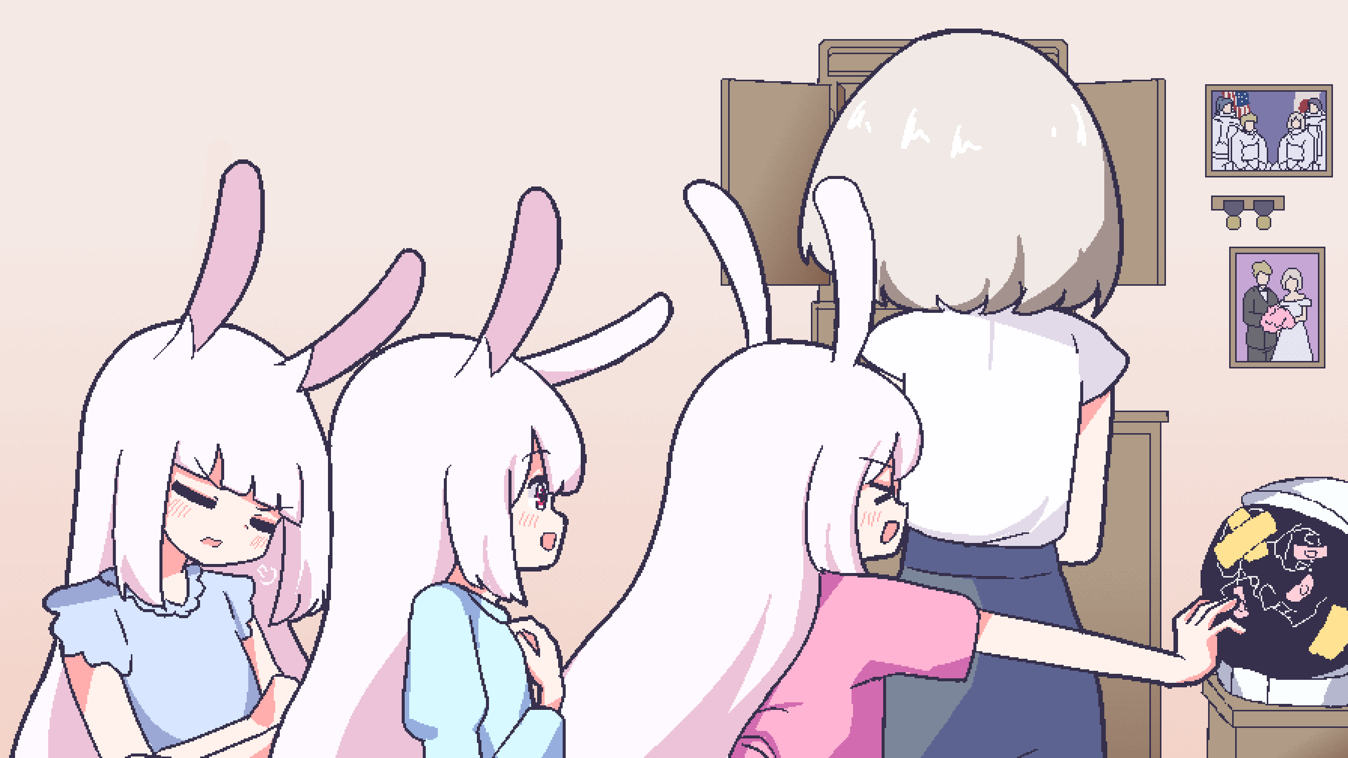 >_<, 4girls, :d, altar, animal_ears, bandaid, blue_dress, blue_pants
