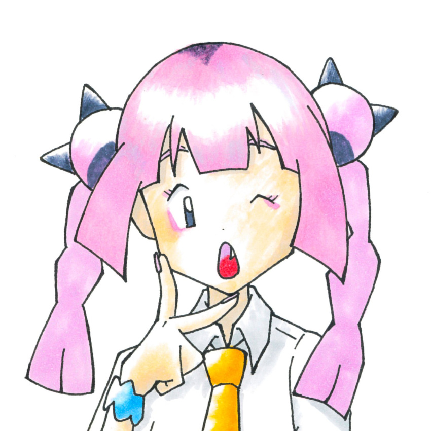 1990s_(style), 1girl, blue_wristband, braid, close-up, collared_shirt, coral_(pokemon), dora_mentaiko