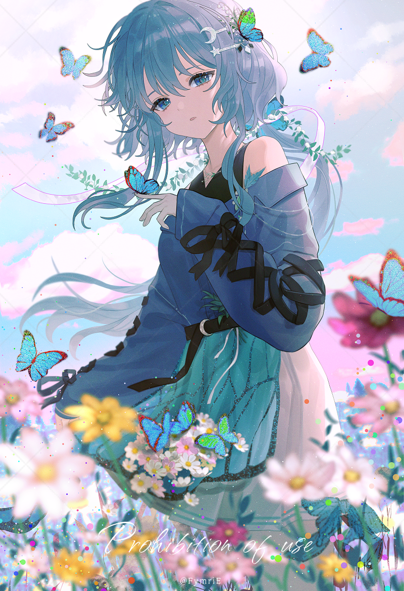 1girl, apron, apron_hold, artist_name, bare_shoulders, belt, black_belt, blue_butterfly