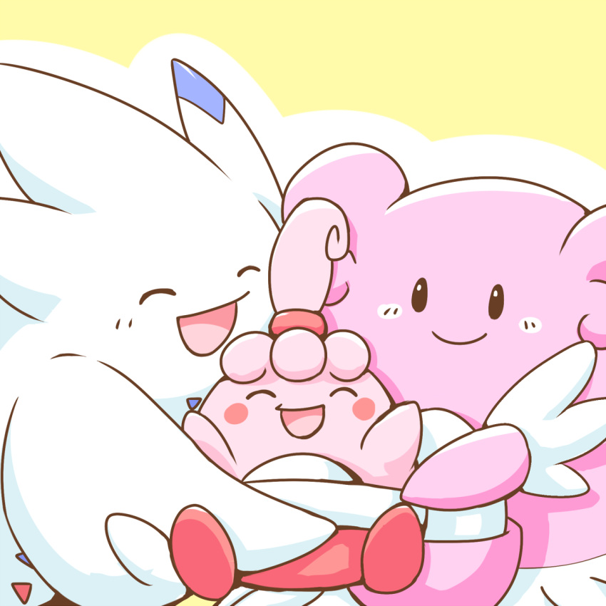 black_eyes, blissey, blush_stickers, closed_mouth, commentary_request, happiny, happy, highres, holding, holding_pokemon, kinakomochi_(kazuna922), no_humans, pokemon, pokemon_(creature), smile, togekiss, yellow_background
