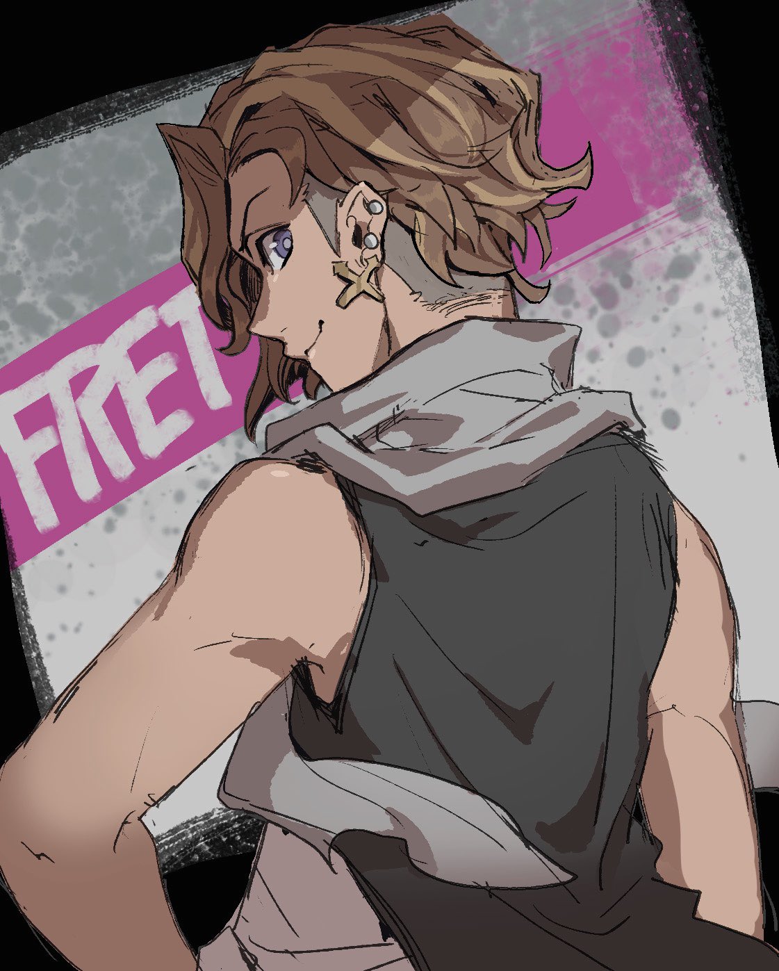 1boy, arm_out_of_frame, bare_shoulders, black_shirt, blue_eyes, brown_hair, character_name, closed_mouth