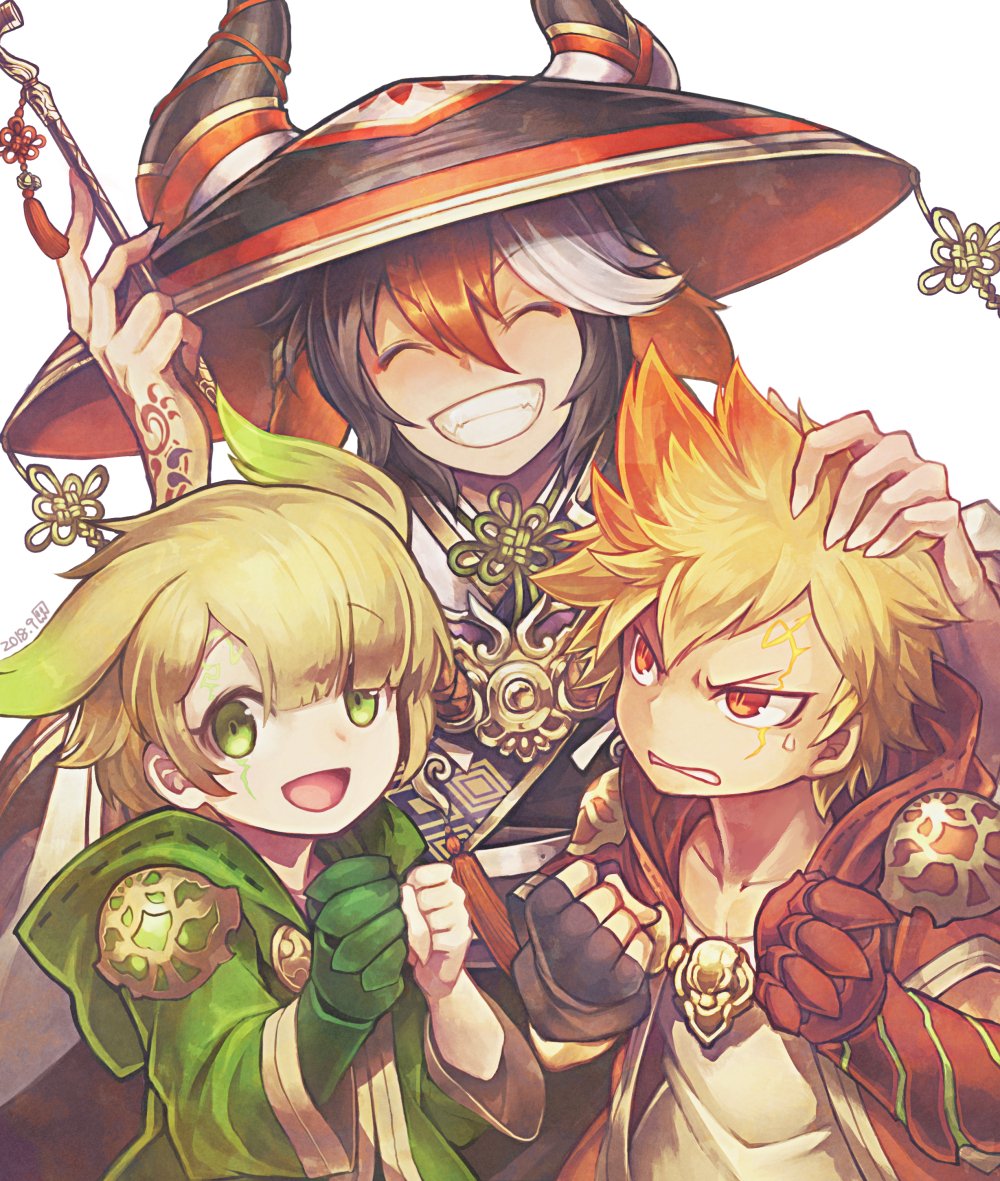 3boys, :d, alpha_(p&amp;d), animal_ears, black_hair, blonde_hair, closed_eyes, gloves