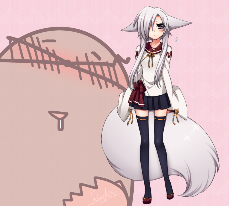 black_legwear, black_thighhighs, blush, drooling, fox_ears, fox_tail, heart, kituneno-lullaby