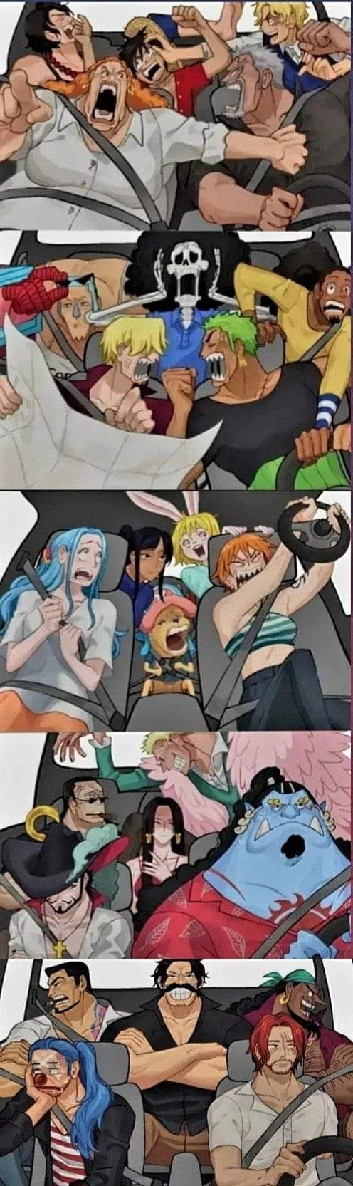 boa_hancock, brook_(one_piece), buggy_the_clown, car, carrot_(one_piece), crocodile_(one_piece), curly_dadan, donquixote_doflamingo