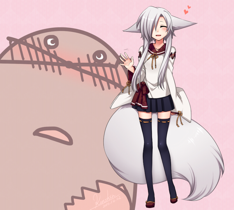 black_legwear, black_thighhighs, blush, closed_eyes, eyes_closed, fox_ears, fox_tail, heart