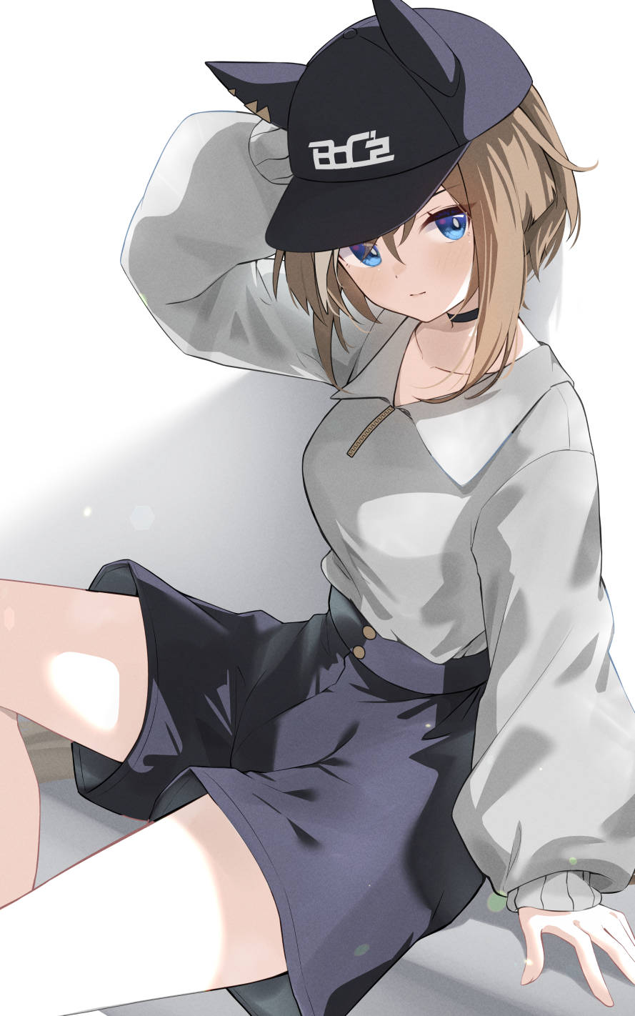 1girl, animal_ears, animal_hat, arm_behind_head, arm_up, baseball_cap, black_choker, black_shorts, blue_eyes, breasts, brown_hair, cheval_grand_(boc'z)_(umamusume), cheval_grand_(umamusume), choker, closed_mouth, collarbone, commentary_request, fake_animal_ears, grey_shirt, hair_between_eyes, hat, highres, horse_ears, long_sleeves, looking_at_viewer, medium_breasts, meyamu, multicolored_hair, puffy_long_sleeves, puffy_sleeves, shirt, shorts, solo, streaked_hair, umamusume, white_background, white_hair
