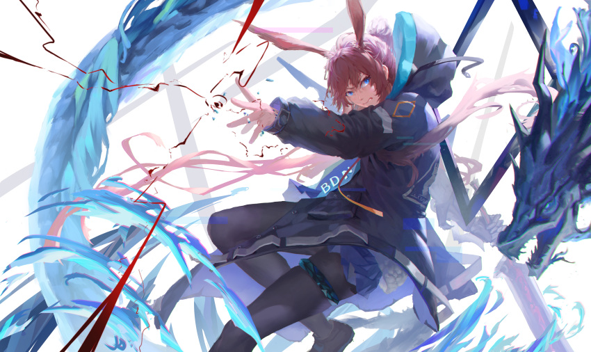 1girl, absurdres, amiya_(arknights), animal_ears, arknights, black_jacket, black_pantyhose, blue_eyes, blue_skirt, brown_hair, bu_de_niao, clenched_teeth, dragon, extra_ears, foot_out_of_frame, hair_between_eyes, highres, hood, jacket, jewelry, long_hair, long_sleeves, looking_at_viewer, multiple_rings, originium_arts_(arknights), pantyhose, ponytail, rabbit_ears, rabbit_girl, ring, skirt, solo, sword, teeth, weapon